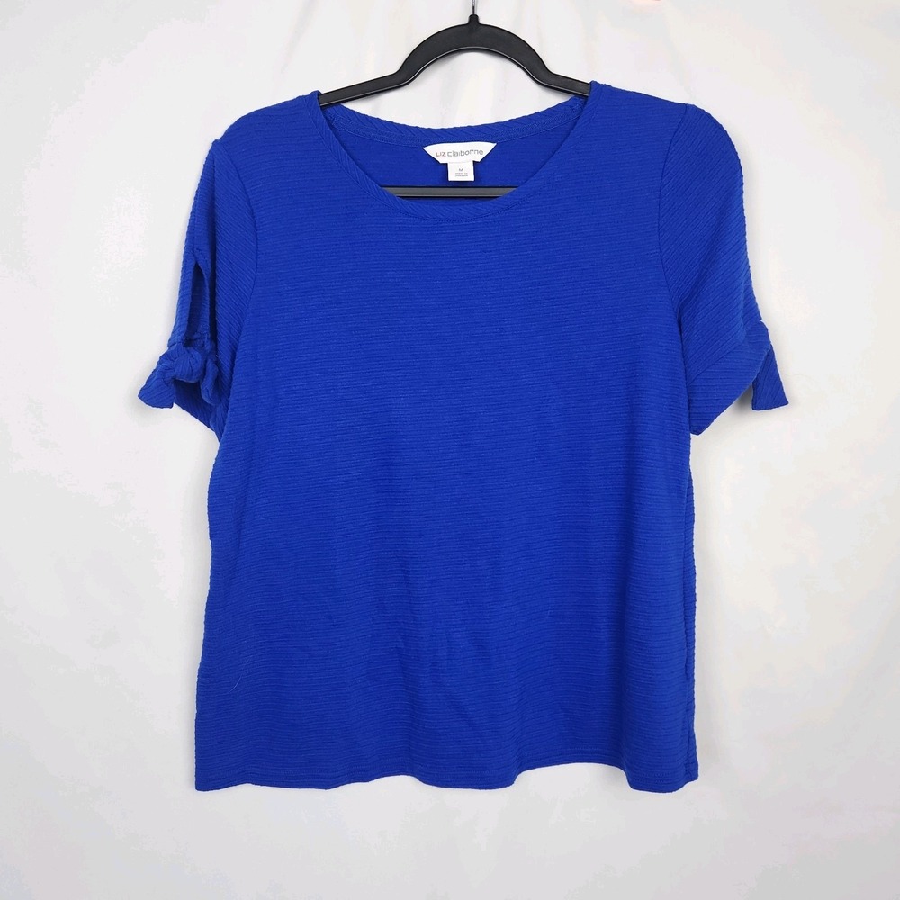 Liz Claiborne Womens Ribbed Short Tie Sleeve Top Round Neck Solid Blue‎ Medium